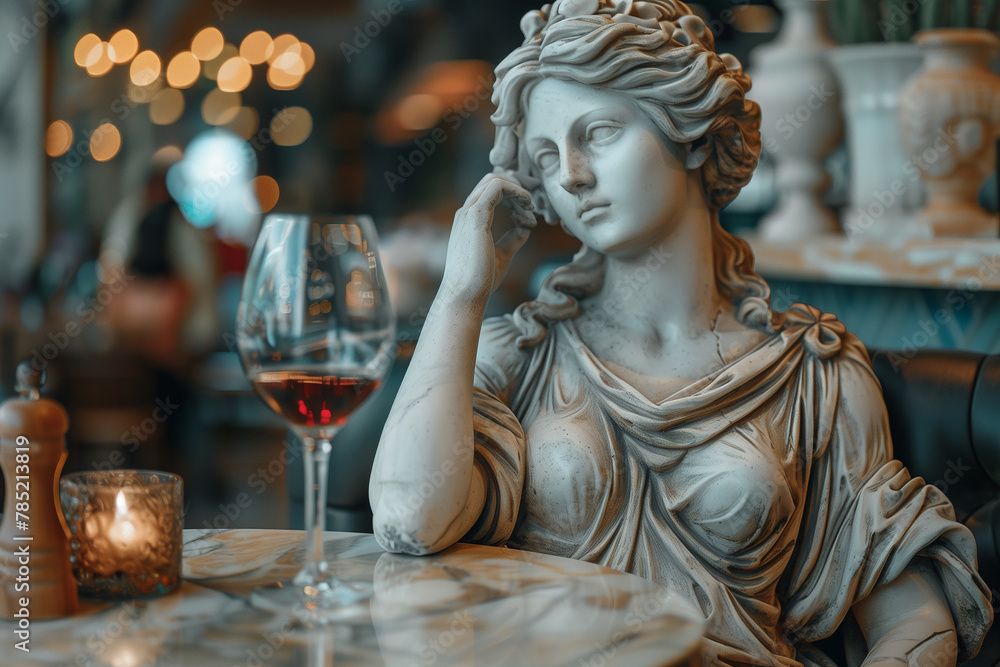 Arrogant portrait of a sculpture of Aphrodite with wine glass in restaurant