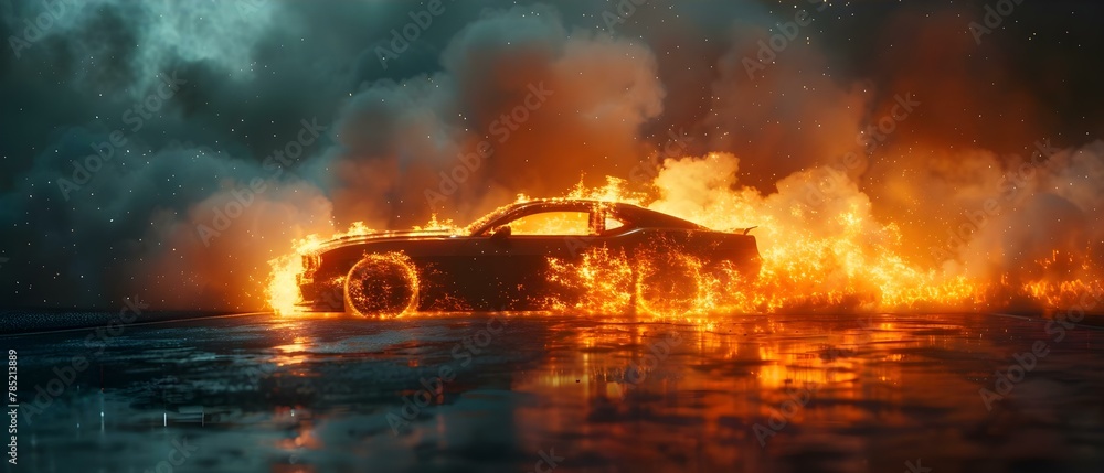 Fiery Finale: Racecar's Blaze in the Night. Concept Car Racing, Nighttime Event, Blazing Finale, Fiery Visuals, Thrilling Spectacle Fiery Finale: Racecar's Blaze in the Night. Concept Car Racing, Nighttime Event, Blazing Finale, Fiery Visuals, Thrilling Spectacle