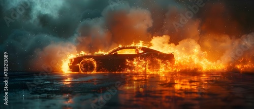 Fiery Finale: Racecar's Blaze in the Night. Concept Car Racing, Nighttime Event, Blazing Finale, Fiery Visuals, Thrilling Spectacle