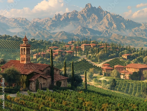 A beautiful landscape with a large mountain in the background and a small village with red roofs. The village is surrounded by vineyards and the houses are made of red bricks. The scene is peaceful