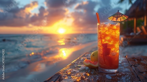 Summer vacation vibes with a refreshing cocktail placed on a wooden table against the backdrop of a sunset beach scene