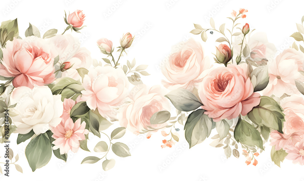 White and pink roses pattern, watercolor, Generative AI 