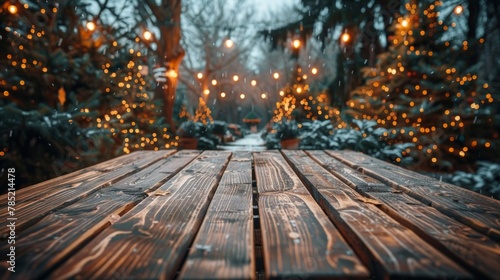 Wooden table in winter park with snow and bokeh lights