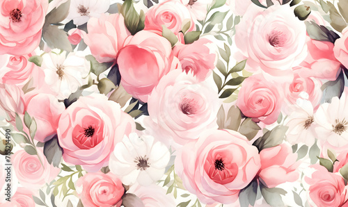 White and pink roses pattern  watercolor  Generative AI 