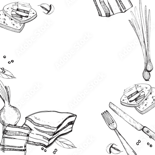 Illustration. Food frame. Lard, a piece of lard with bread, cloves of garlic, peppercorns and onions, cutlery. All objects are drawn in vector in black. For printing on paper, menus, recipes.