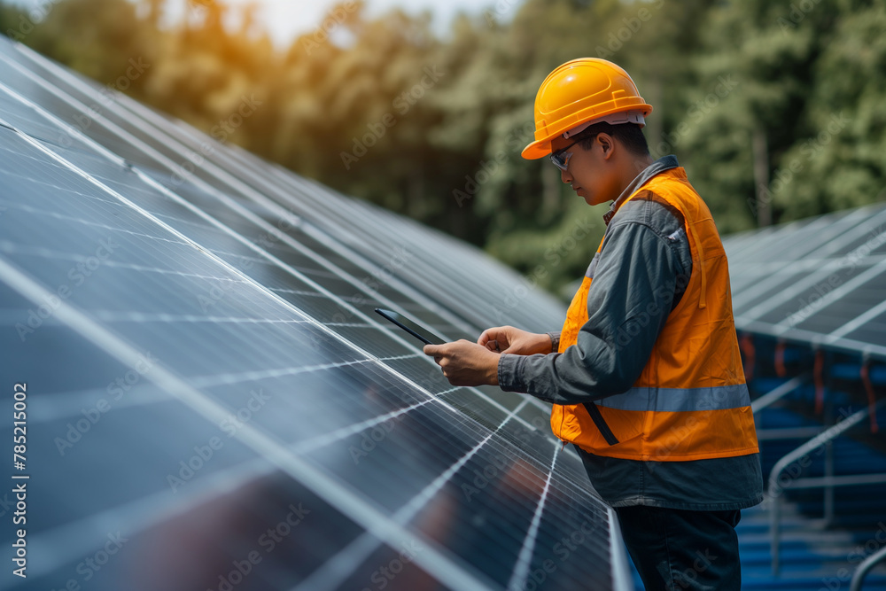 Professional engineer service check installation solar cell on the roof of factory on the morning. Professional engineer service check installation solar cell on the roof of factory on the morning.