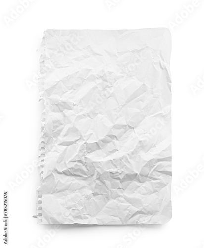 Crumpled blank notebook sheet isolated on white, top view