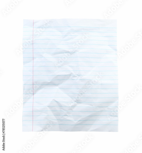 Crumpled lined notebook sheet isolated on white, top view