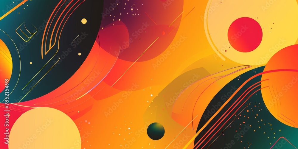 Abstract painting with vivid colors portraying planets and stars. Dynamic celestial depiction