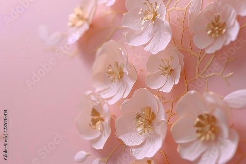 A closeup of a bunch of white and pink cherry blossoms with a pink background. © Pachara