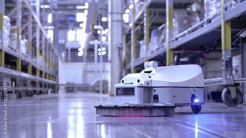 Autonomous industrial cleaning robot at work in a modern warehouse