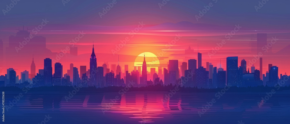 Illustration of a cityscape at sunset in a flat, minimalistic style that captures the essence of the urban landscape in a simple and elegant way. Illustration of a cityscape at sunset in a flat, minimalistic style that captures the essence of the urban landscape in a simple and elegant way.