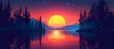 Beautiful minimalistic vector illustration of a serene sunrise over a calm lake.