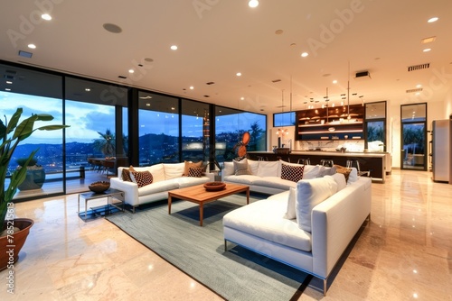 Luxurious open-plan living and dining area with panoramic city views © Fat Bee
