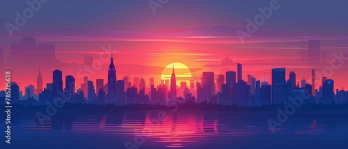 Illustration of a cityscape at sunset in a flat, minimalistic style that captures the essence of the urban landscape in a simple and elegant way.
