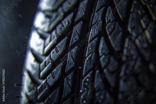 Close-up of detailed car tire tread design in dramatic lighting photo