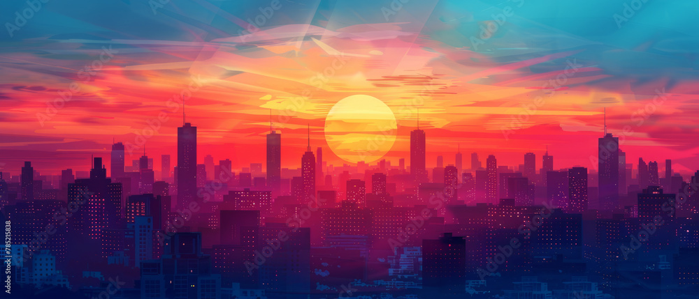 A minimalist vector illustration of a sunrise in a city silhouetted against the sky, creating a serene and tranquil atmosphere.