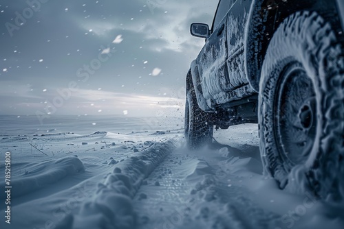 Rugged SUV braving a snowy terrain at dusk, showcasing the effectiveness of winter tires © Fat Bee