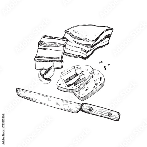 Illustration. Vector composition. Lard, a piece of lard with bread, cloves of garlic, peppercorns, a meat knife. All objects are drawn in vector in black. For printing on paper, menus, recipes.
