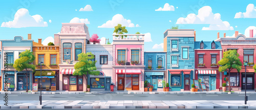 Vector illustration of a street lined with shop buildings, showcasing urban architecture and city life.