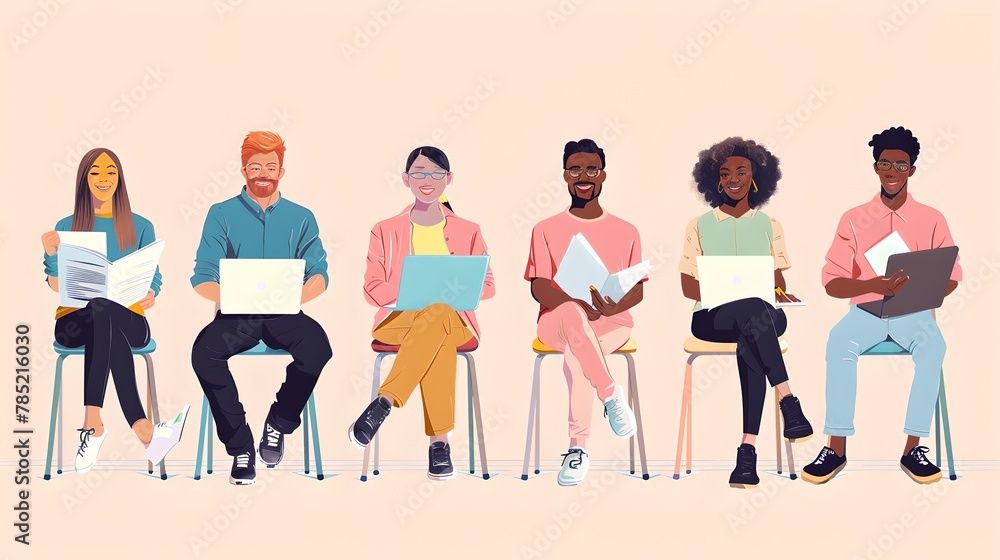 Obraz premium Diverse Group of Cartoon Characters Seated with Laptops. Modern Digital Lifestyle. Casual Business or Educational Setting. AI