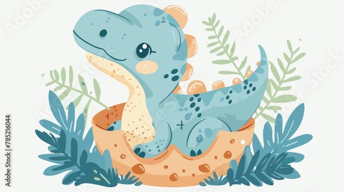 Little cute happy dino in egg. Kid dinosaur. Vector illustration