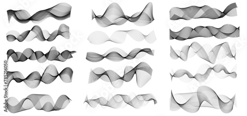 A large set of abstract smooth wavy line blends isolated on a white background. Dynamic wave line blend for design element. Abstract twisted curve lines with blend effect.