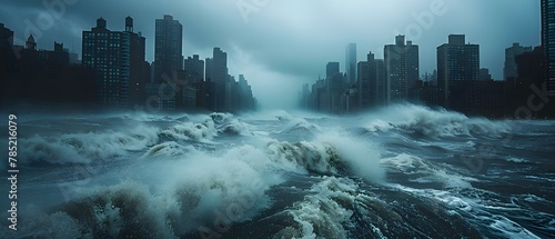 Impending Surge: City Braces for Nature's Fury. Concept Emergency Preparedness, Natural Disasters, Crisis Response, Urban Resilience, Evacuation Planning photo