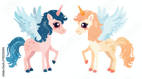 Little winged pony and unicorn Flat vector isolated