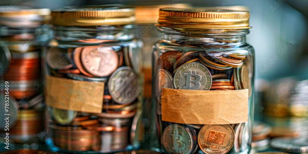 Savings Concept with Coins in Jars and Cryptocurrency Symbols Savings Concept with Coins in Jars and Cryptocurrency Symbols