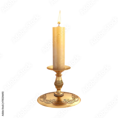 Gold candle holder with candle. Isolated on transparent background.