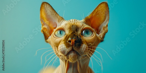 Inquisitive Sphynx Cat with Striking Blue Eyes on Teal Background © Lidok_L