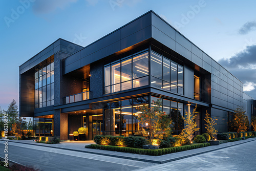  A black building with glass windows and illuminated lights, featuring a modern architecture style exterior design, is located in the center of an industrial park. Created with Ai © Picture