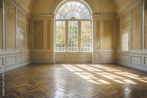 Soft sunlight streams into a palatial room through a grand French window, creating a dance of shadows on the wood floor