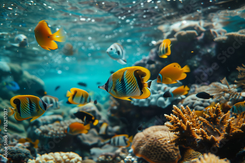 Tropical sea underwater fishes on coral reef. Aquarium oceanarium wildlife colorful marine panorama landscape nature snorkeling diving © Anna