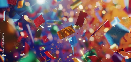 Vibrant multicolored confetti pieces flying in the air with a celebratory atmosphere.