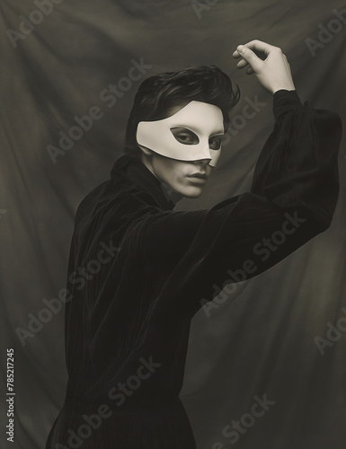 Wallpaper Mural Old art photography concept. Portrait of a young actor dancing over gray cloth background with hand up. A man wears a white mask. Retro, vintage style. Studio shot Torontodigital.ca