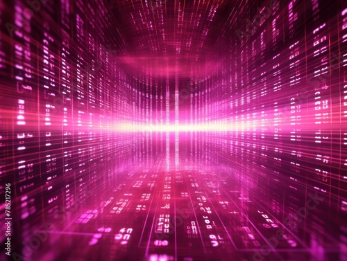 Magenta abstract binary code background with glowing light rays and digital numbers for technology concept