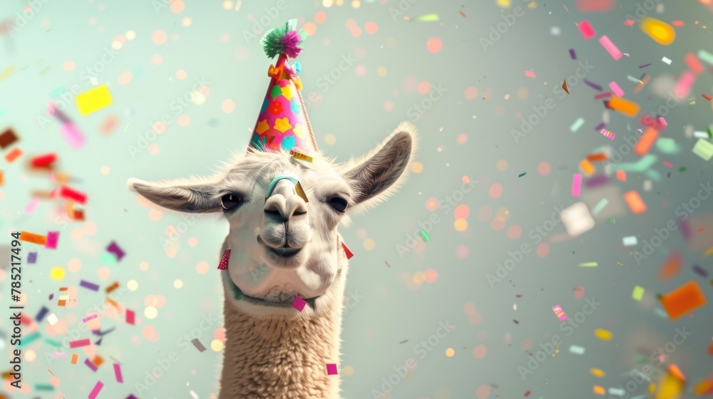 Obraz premium A cheerful llama wearing a colorful party hat celebrates amidst a shower of confetti.