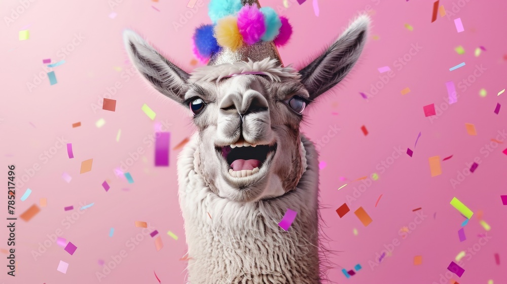 Obraz premium A joyful llama wearing a party hat surrounded by colorful flying confetti.