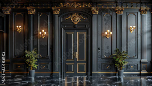  Black wood door with golden decoration, classical interior design, black walls and dark marble floor, tall ceiling with chandeliers. Created with Ai