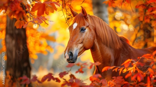 A majestic chestnut horse stands amid the stunning colors of autumn leaves, radiating natural beauty and tranquility. © tashechka