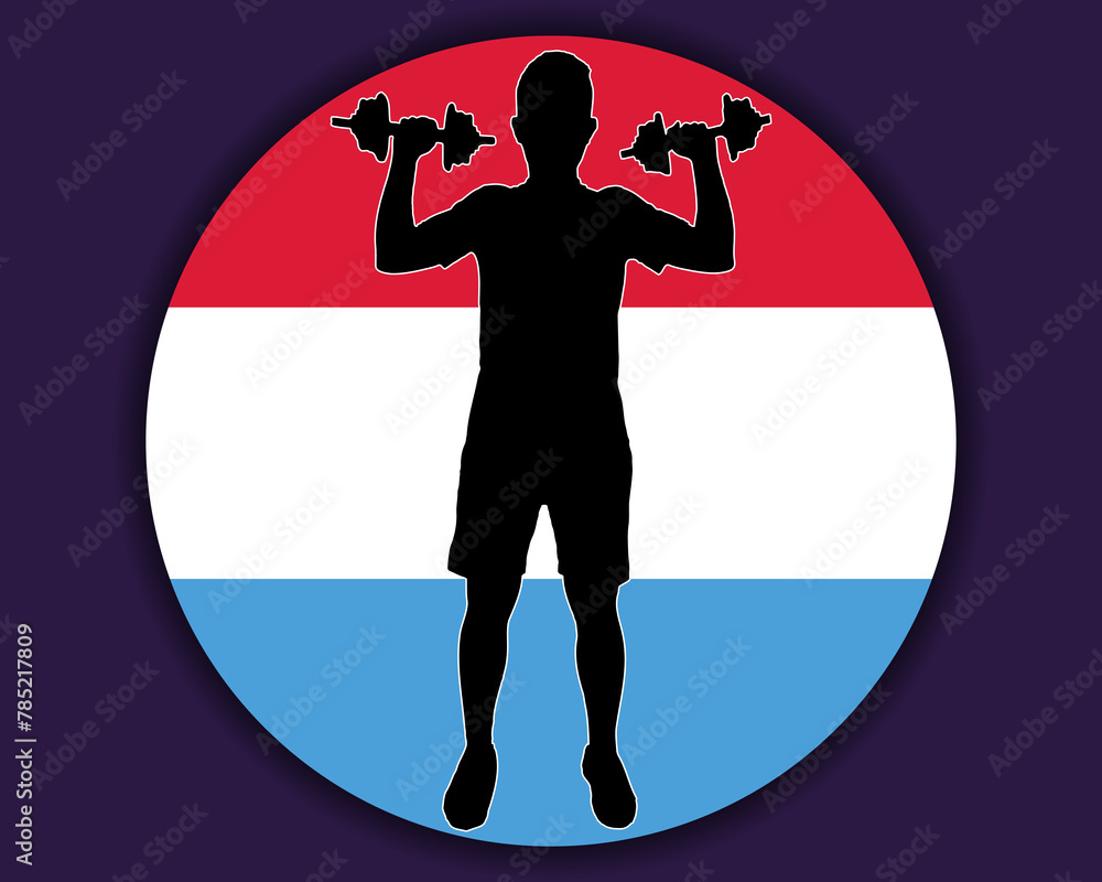 Athlete with dumbbells front of Luxembourg flag, bodybuilder silhouette vector Athlete with dumbbells front of Luxembourg flag, bodybuilder silhouette vector