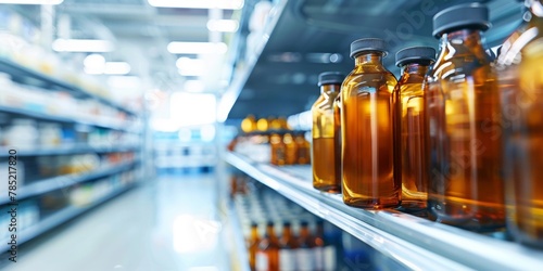Rows of amber glass medicine bottles lined up neatly on a modern pharmacy shelf, highlighting healthcare products.
