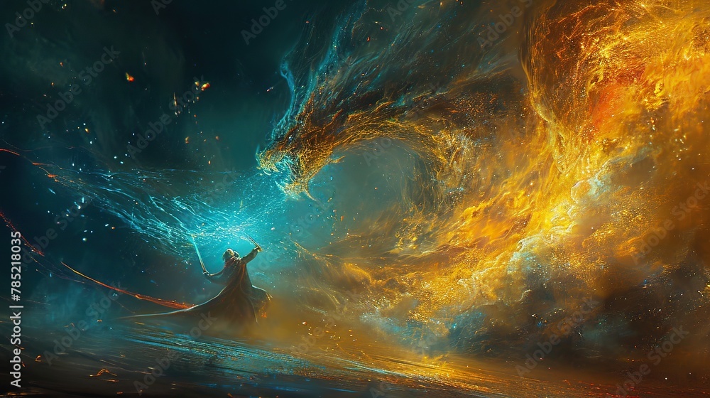 heroic figure, sword drawn, engaged in battle with a fearsome mythical beast, dragon or demon. The creature's scales shimmer with magical energy, and the hero is surrounded by swirling elements - obrazy, fototapety, plakaty 