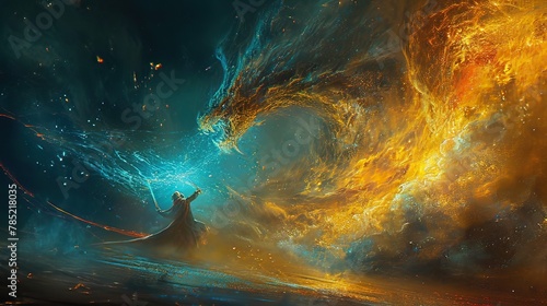 heroic figure, sword drawn, engaged in battle with a fearsome mythical beast, dragon or demon. The creature's scales shimmer with magical energy, and the hero is surrounded by swirling elements photo