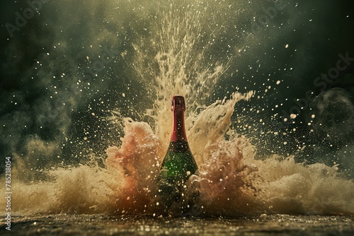 Champagne bottle mid-explosion, with effervescent bubbles frozen in mid-air. The high-speed photography reveals the excitement and energy associated with celebration. photo
