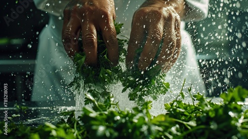 Chef hands crushing fresh parsley leaves to infuse flavor into a dish. The motion is frozen in time, emphasizing the aromatic essence of the herb. photo