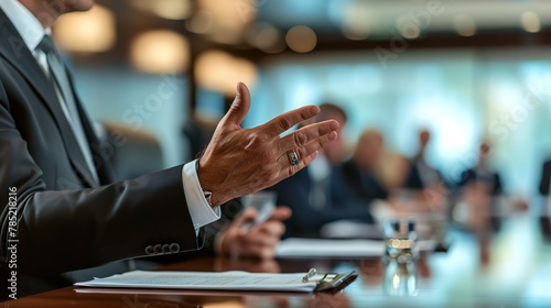 Charismatic speaker at the head of the boardroom table, using hand gestures to emphasize key points. The blurred background of attentive board members creates a sense of motion and engagement.
