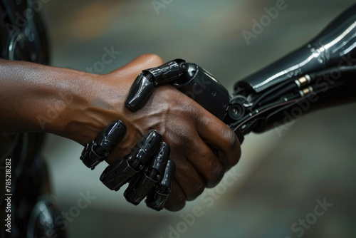 Human and robot shaking hands, technology concept, artificial intelligence